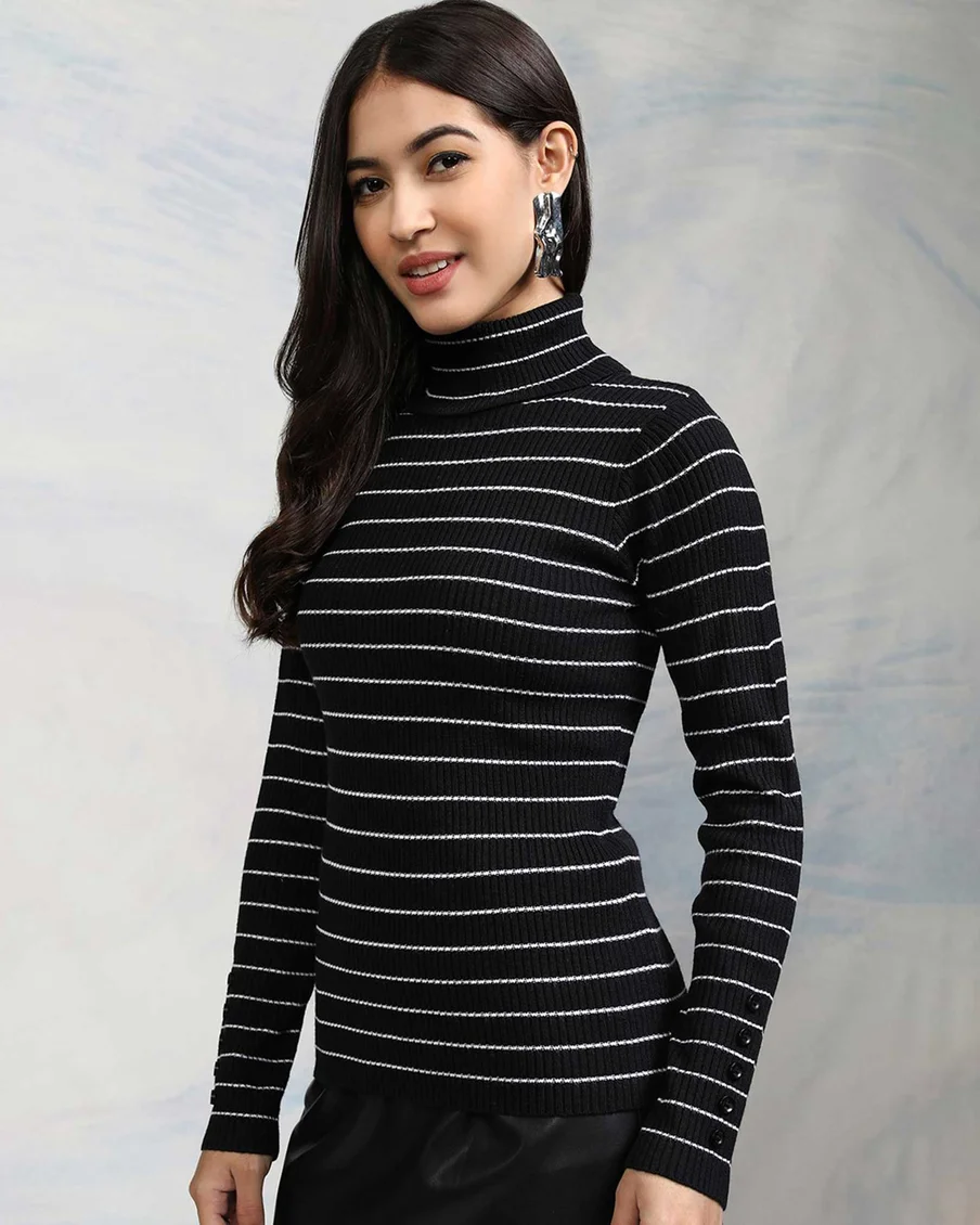 Image 2 of - blackwomenstripedturtlenecksweater1jpg